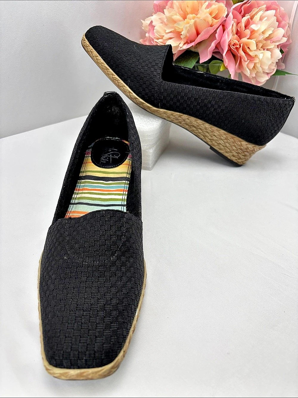 Life Stride Womens 10 Comfy Black Striped Espadrille - Style Wedge Shoes  #769